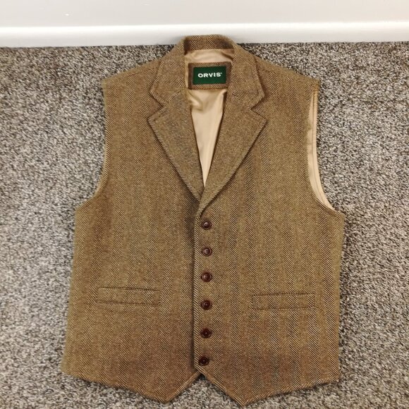 Orvis Vest Waistcoat Tweed Wool Herringbone Flecked Brown Tan Mens Large